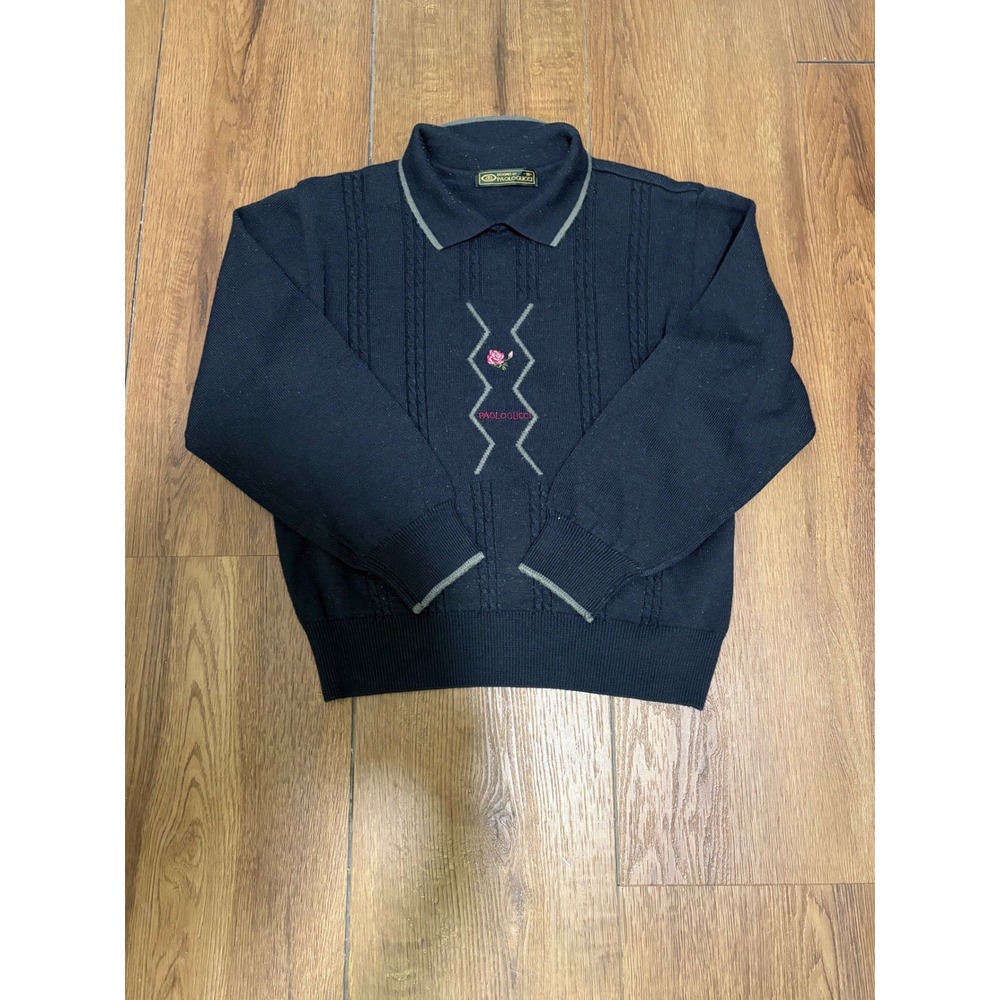 Vintage Paolo Gucci Men's 90 Black Knit Polo Sweater Rose Embroidered Preppy